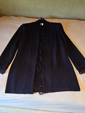 St. John Evening Black Santana Knit Jacket with Sequin Lace Trim